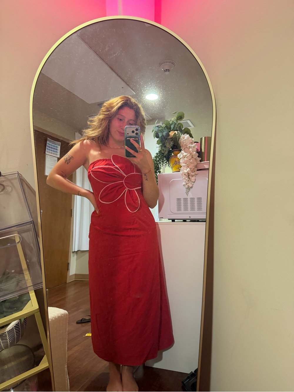 NEVER WORN Red Strapless Dress with Flower Detail